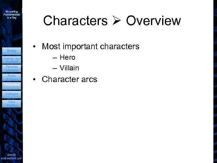 Characters Overview Intro Getting Over Yourself Theories of Story Rules & Tools Characters Dialogue