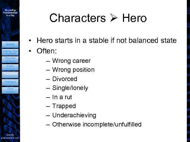 Characters Hero Intro Getting Over Yourself Theories of Story Rules & Tools Characters Dialogue