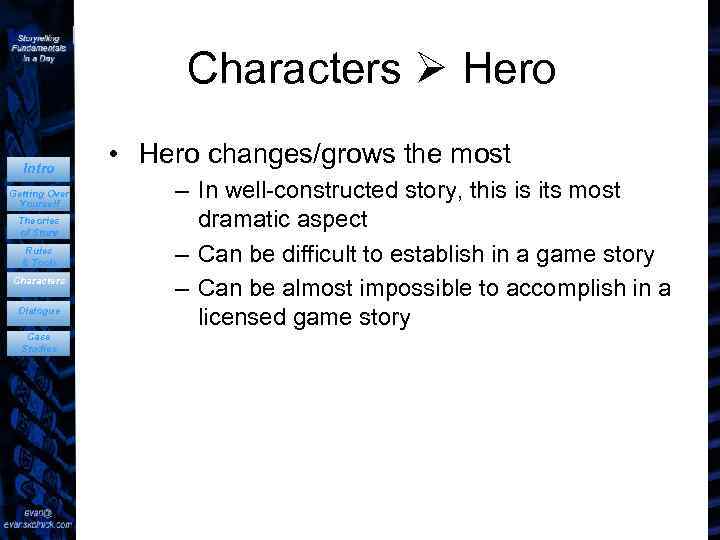 Characters Hero Intro Getting Over Yourself Theories of Story Rules & Tools Characters Dialogue