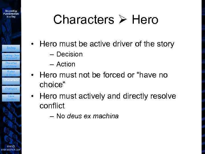Characters Hero Intro Getting Over Yourself Theories of Story Rules & Tools Characters Dialogue