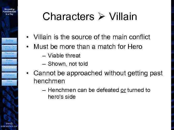 Characters Villain Intro Getting Over Yourself Theories of Story Rules & Tools Characters Dialogue