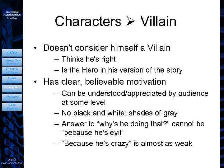 Characters Villain Intro Getting Over Yourself Theories of Story Rules & Tools Characters Dialogue