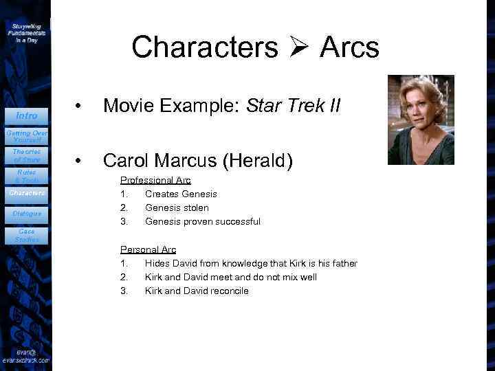 Characters Arcs Intro • Movie Example: Star Trek II • Carol Marcus (Herald) Getting