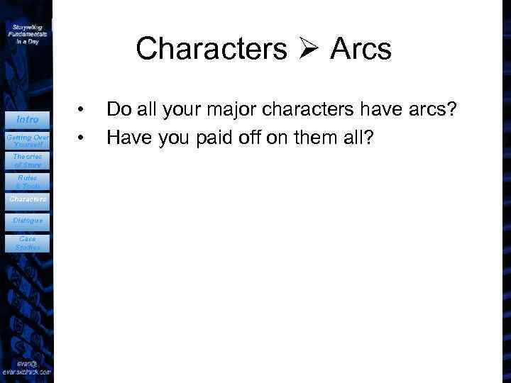 Characters Arcs Intro Getting Over Yourself Theories of Story Rules & Tools Characters Dialogue