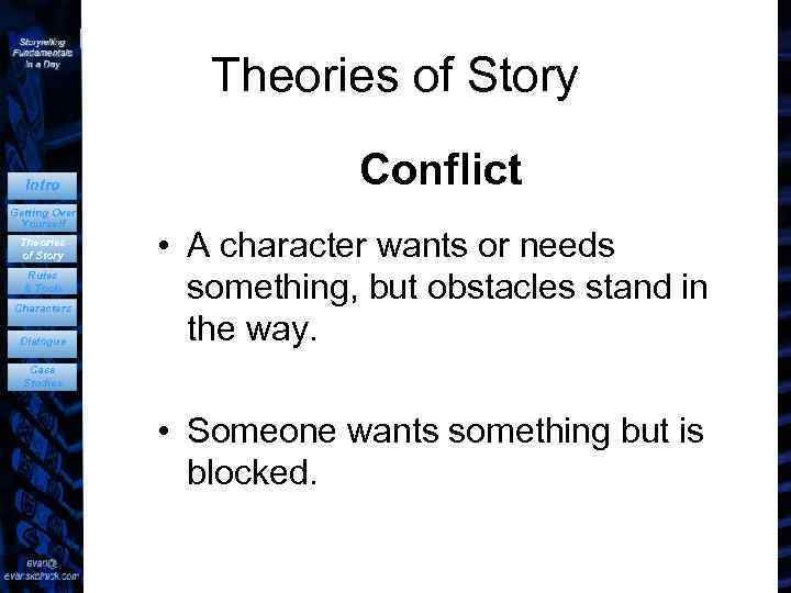 Theories of Story Intro Getting Over Yourself Theories of Story Rules & Tools Characters