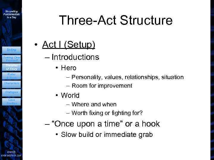 Three-Act Structure Intro Getting Over Yourself Theories of Story Rules & Tools Characters Dialogue