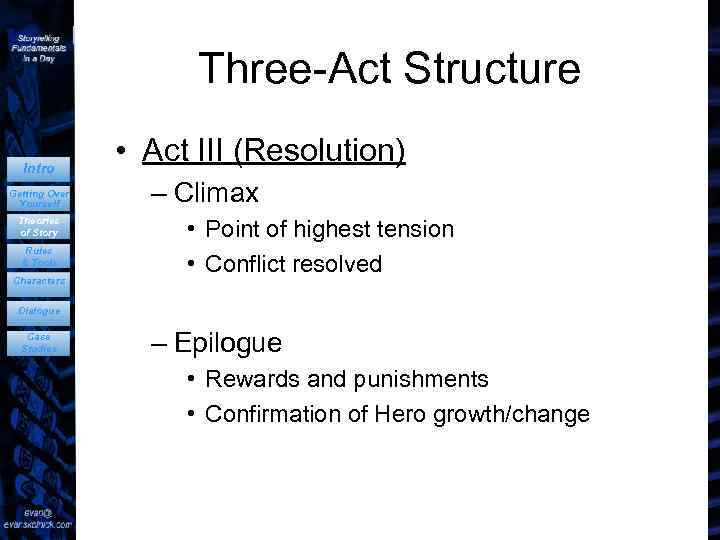 Three-Act Structure Intro Getting Over Yourself Theories of Story Rules & Tools Characters •