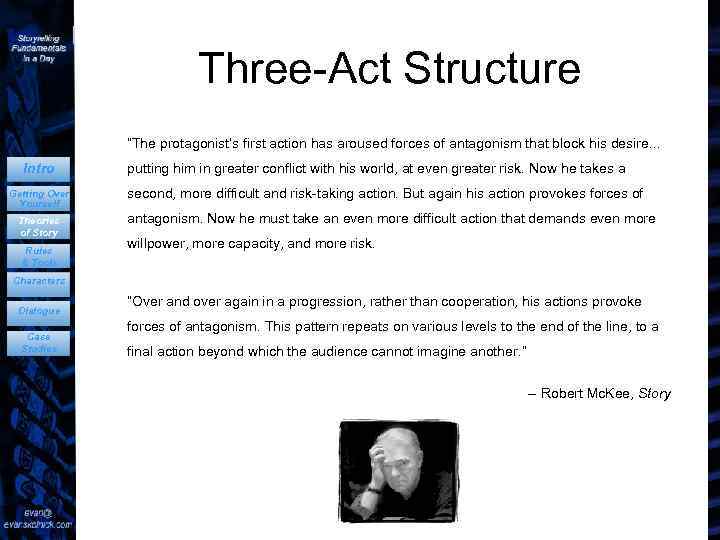 Three-Act Structure “The protagonist’s first action has aroused forces of antagonism that block his