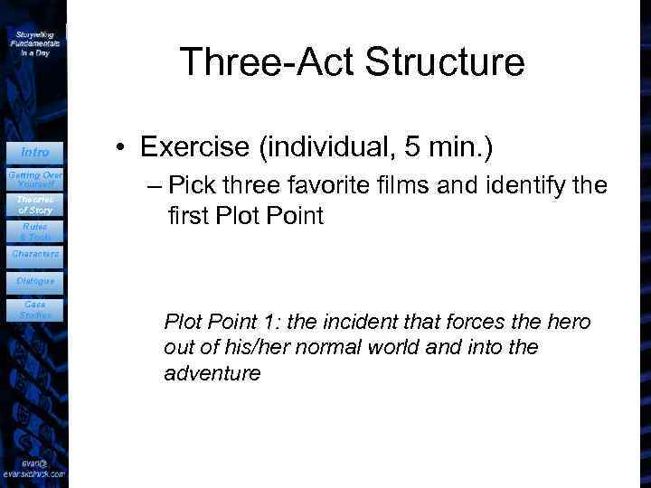 Three-Act Structure Intro Getting Over Yourself Theories of Story Rules & Tools • Exercise