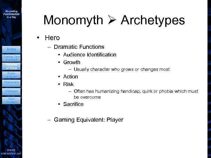 Monomyth Archetypes • Hero Intro Getting Over Yourself Theories of Story Rules & Tools