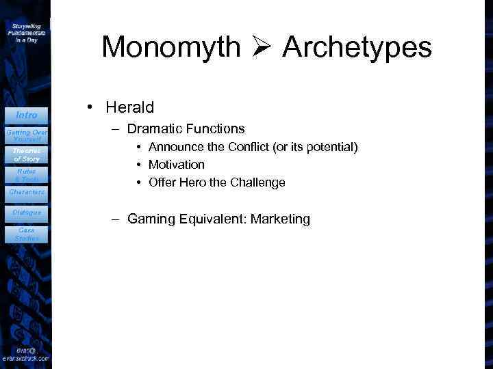 Monomyth Archetypes Intro Getting Over Yourself Theories of Story Rules & Tools Characters Dialogue