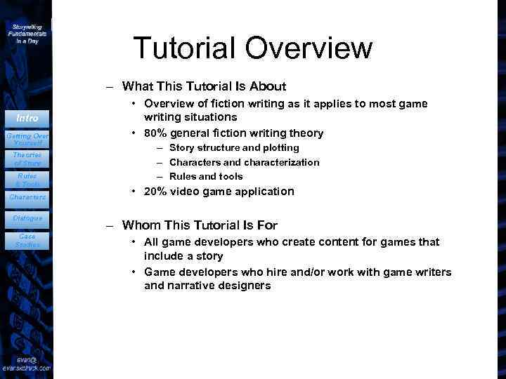 Tutorial Overview – What This Tutorial Is About Intro Getting Over Yourself Theories of