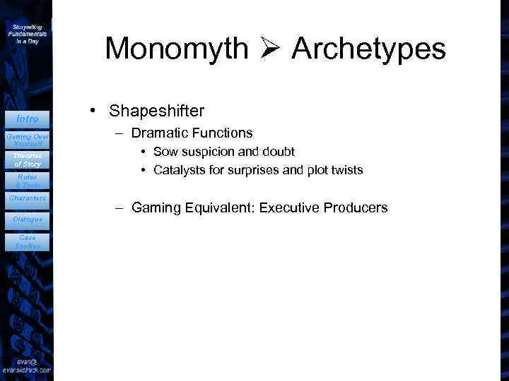 Monomyth Archetypes Intro Getting Over Yourself Theories of Story Rules & Tools Characters Dialogue