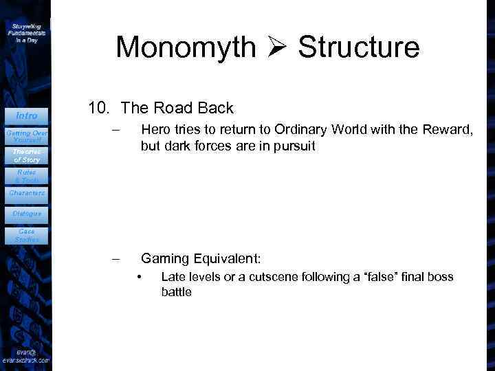 Monomyth Structure Intro Getting Over Yourself 10. The Road Back – Hero tries to