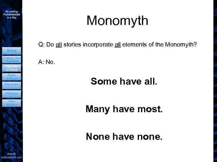 Monomyth Q: Do all stories incorporate all elements of the Monomyth? Intro Getting Over