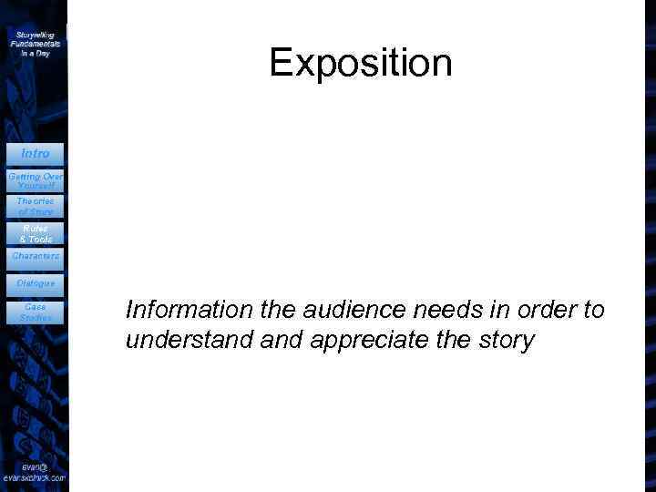 Exposition Intro Getting Over Yourself Theories of Story Rules & Tools Characters Dialogue Case