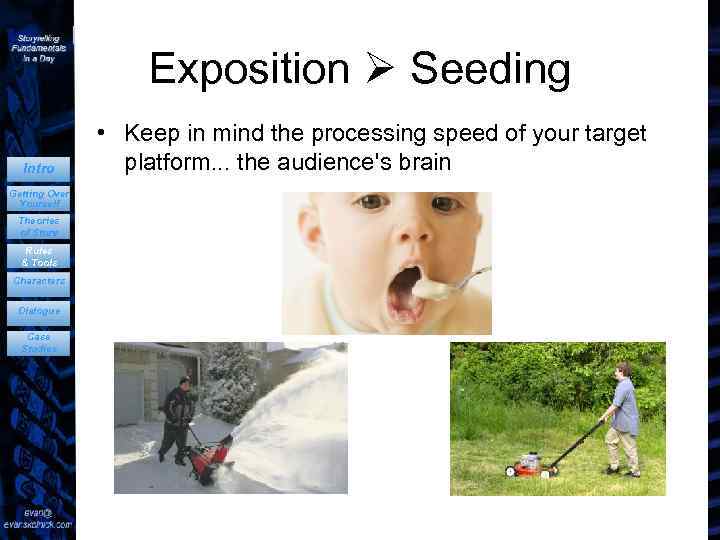 Exposition Seeding Intro Getting Over Yourself Theories of Story Rules & Tools Characters Dialogue