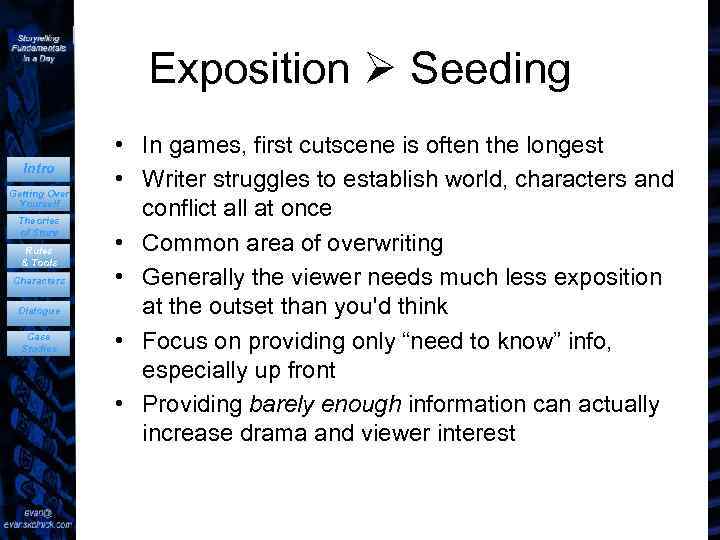 Exposition Seeding Intro Getting Over Yourself Theories of Story Rules & Tools Characters Dialogue