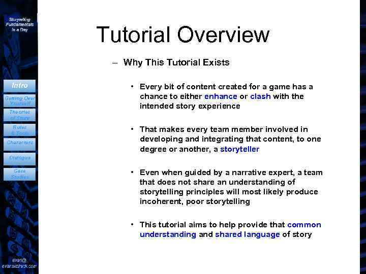 Tutorial Overview – Why This Tutorial Exists Intro Getting Over Yourself Theories of Story