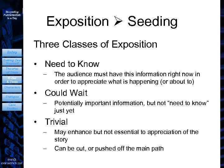 Exposition Seeding Three Classes of Exposition Intro Getting Over Yourself Theories of Story Rules