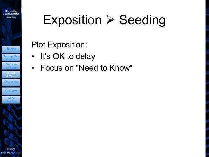 Exposition Seeding Intro Getting Over Yourself Theories of Story Rules & Tools Characters Dialogue