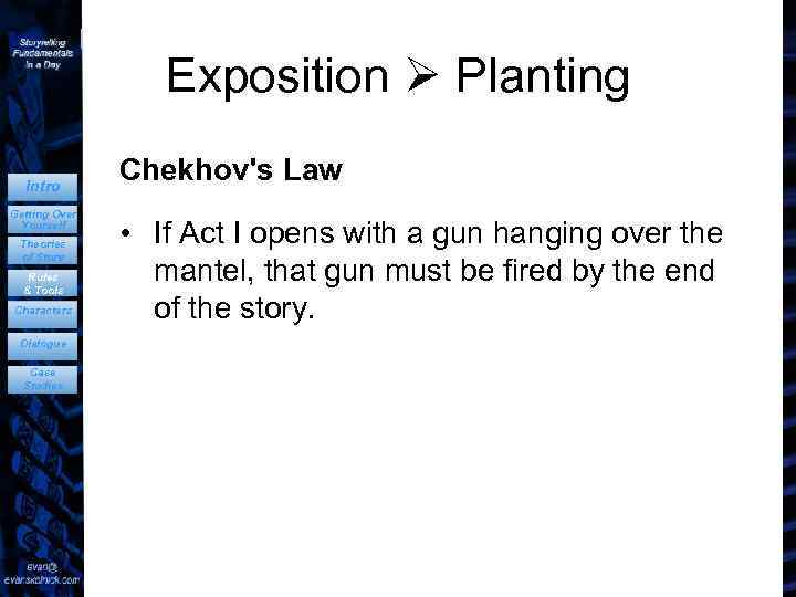 Exposition Planting Intro Getting Over Yourself Theories of Story Rules & Tools Characters Dialogue