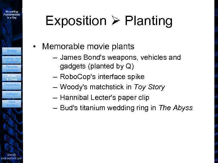 Exposition Planting Intro Getting Over Yourself Theories of Story Rules & Tools Characters Dialogue