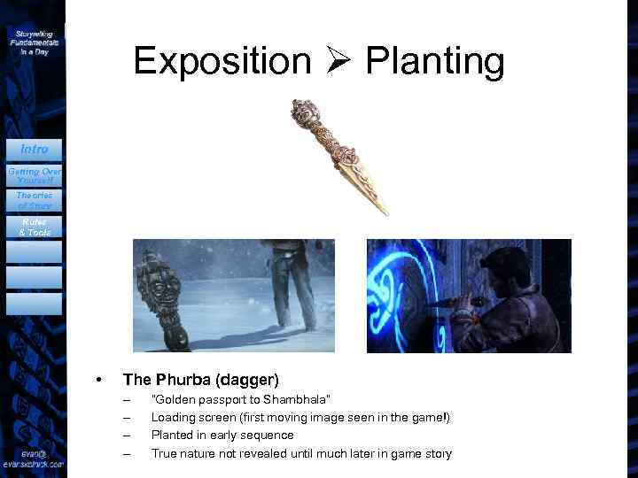 Exposition Planting Intro Getting Over Yourself Theories of Story Rules & Tools • The