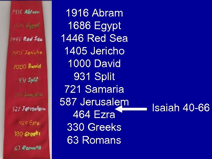 1916 Abram 1686 Egypt 1446 Red Sea 1405 Jericho 1000 David 931 Split 721