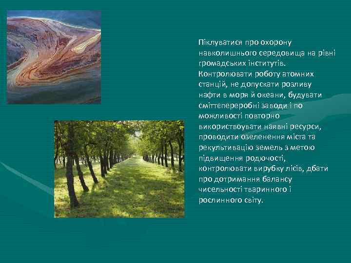 Піклуватися про охорону навколишнього середовища на рівні громадських інститутів. Контролювати роботу атомних станцій, не