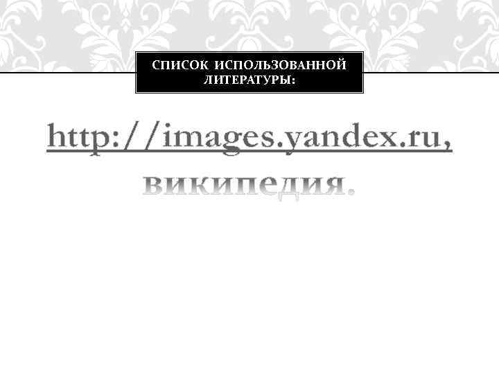 СПИСОК ИСПОЛЬЗОВАННОЙ ЛИТЕРАТУРЫ: http: //images. yandex. ru, 