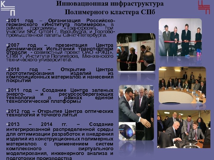 Инновационная инфраструктура Полимерного кластера СПб • 2001 год – Организация Российскогерманского «Института полимеров» ,
