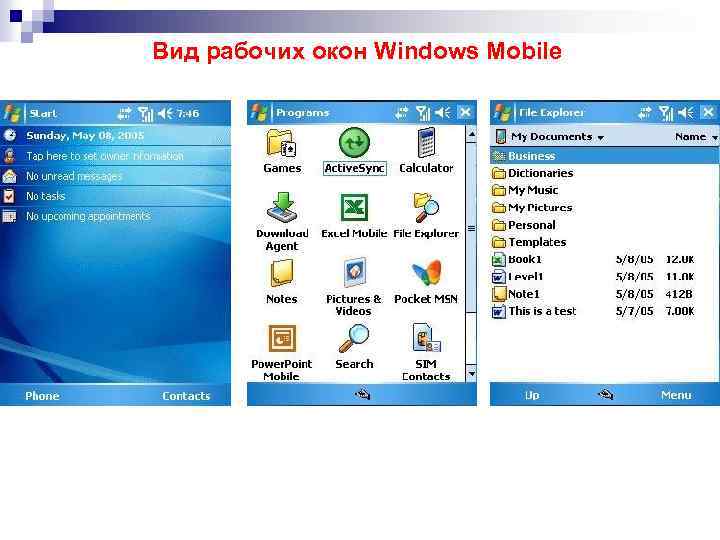 Вид рабочих окон Windows Mobile 