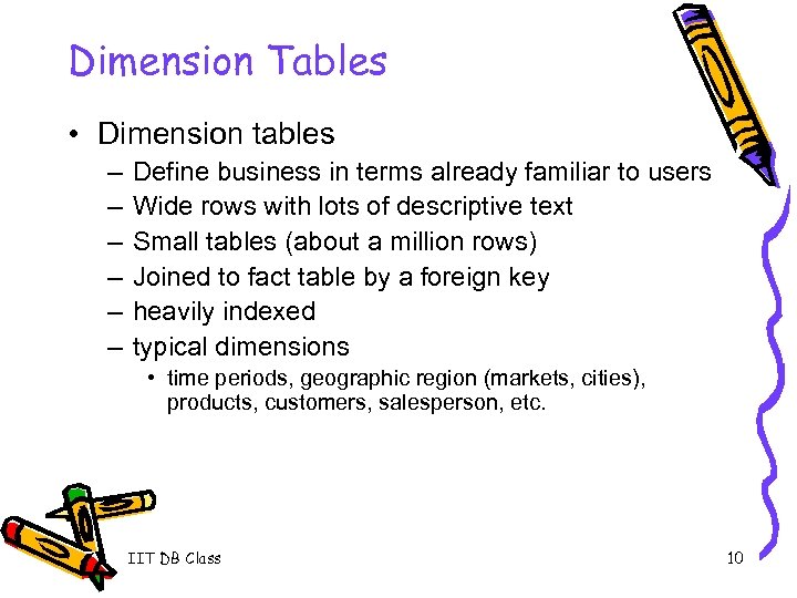 Dimension Tables • Dimension tables – – – Define business in terms already familiar