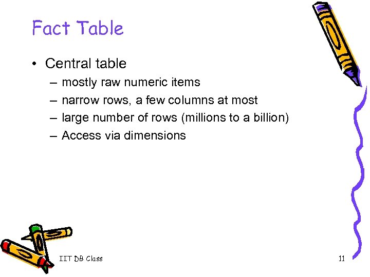 Fact Table • Central table – – mostly raw numeric items narrow rows, a
