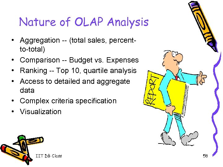 Nature of OLAP Analysis • Aggregation -- (total sales, percentto-total) • Comparison -- Budget