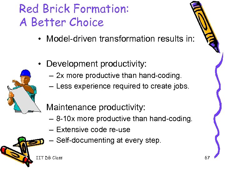 Red Brick Formation: A Better Choice • Model-driven transformation results in: • Development productivity: