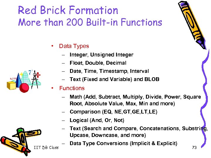 Red Brick Formation More than 200 Built-in Functions • Data Types – Integer, Unsigned