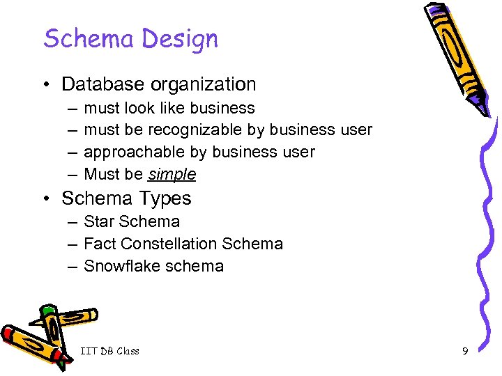 Schema Design • Database organization – – must look like business must be recognizable