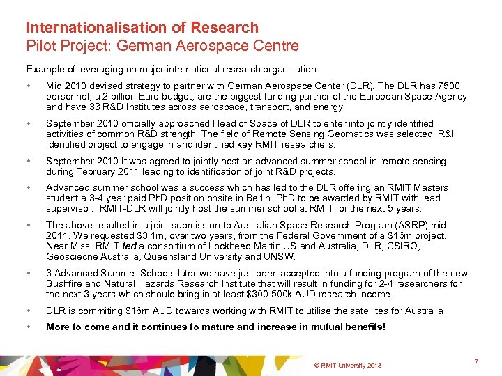 Internationalisation of Research Pilot Project: German Aerospace Centre Example of leveraging on major international