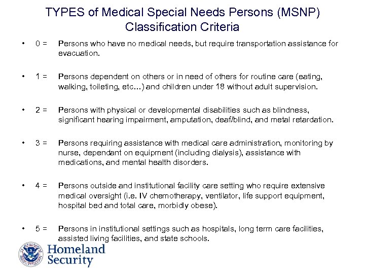 TYPES of Medical Special Needs Persons (MSNP) Classification Criteria • 0= Persons who have