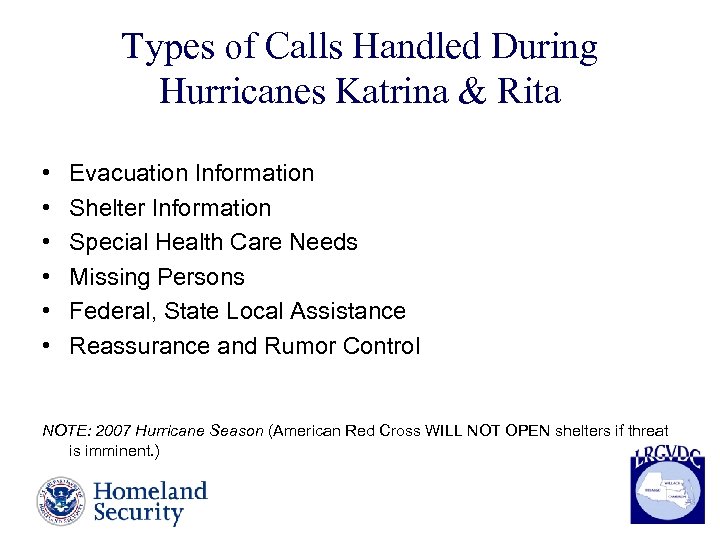 Types of Calls Handled During Hurricanes Katrina & Rita • • • Evacuation Information