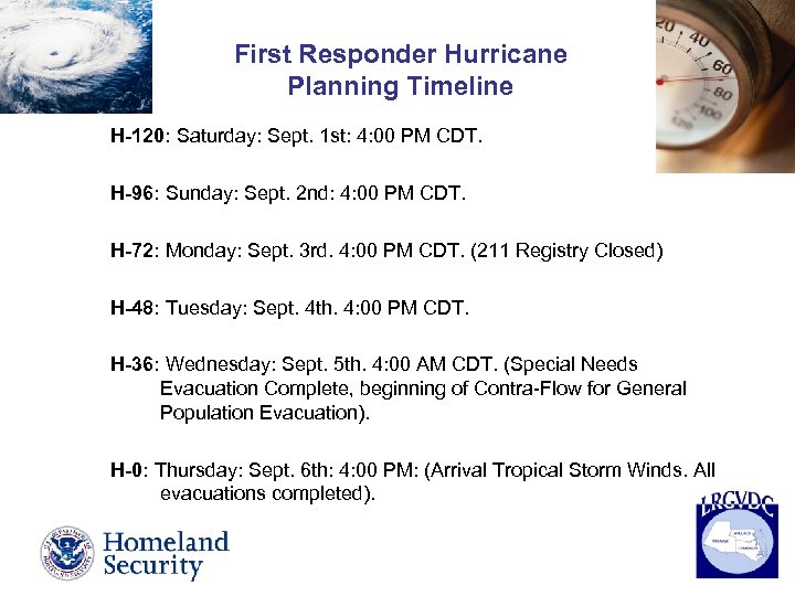 First Responder Hurricane Planning Timeline H-120: Saturday: Sept. 1 st: 4: 00 PM CDT.