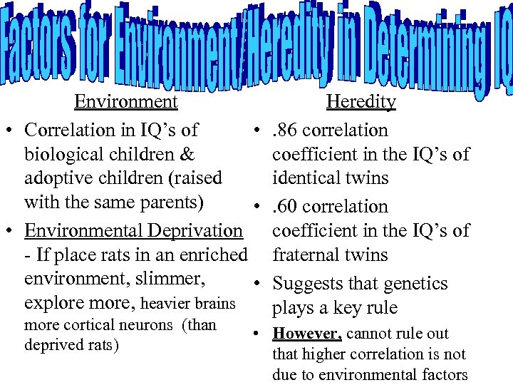 Environment • Correlation in IQ’s of • biological children & adoptive children (raised with