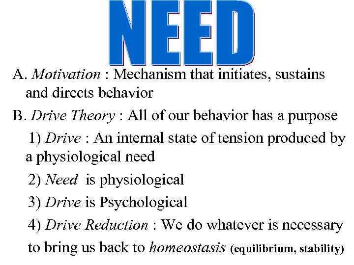 A. Motivation : Mechanism that initiates, sustains and directs behavior B. Drive Theory :