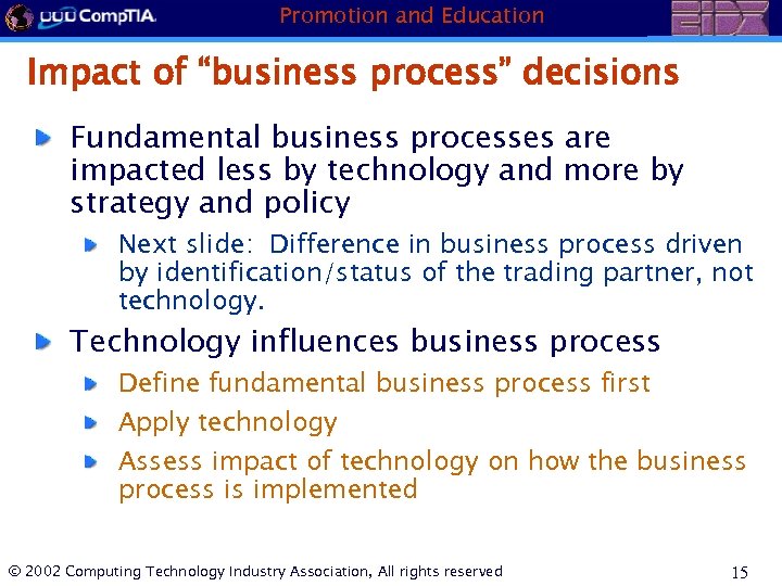 Promotion and Education Impact of “business process” decisions Fundamental business processes are impacted less