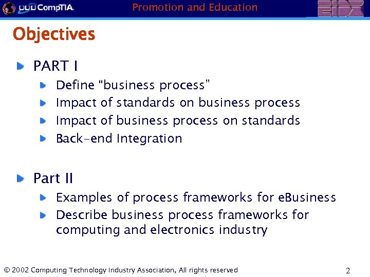 Promotion and Education Objectives PART I Define “business process” Impact of standards on business