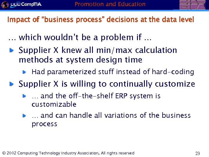 Promotion and Education Impact of “business process” decisions at the data level … which