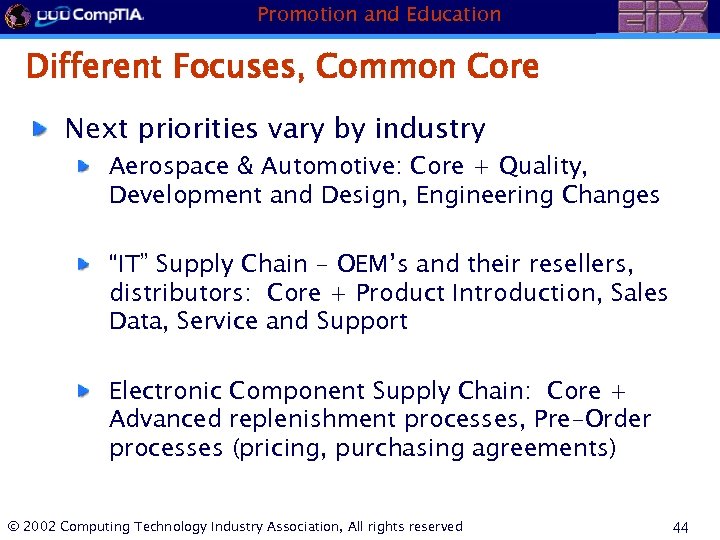 Promotion and Education Different Focuses, Common Core Next priorities vary by industry Aerospace &