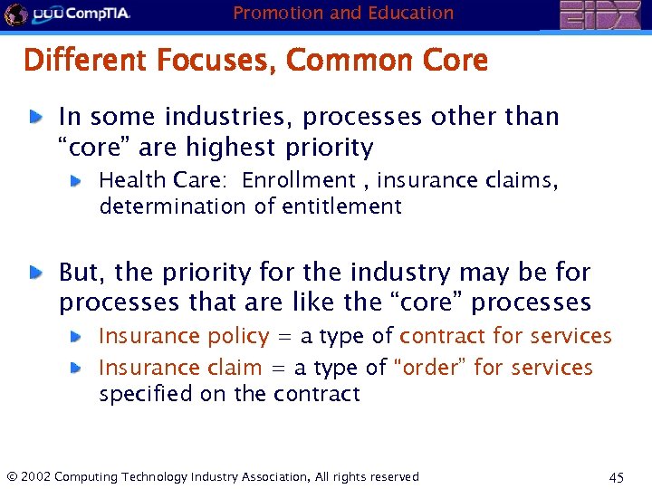 Promotion and Education Different Focuses, Common Core In some industries, processes other than “core”